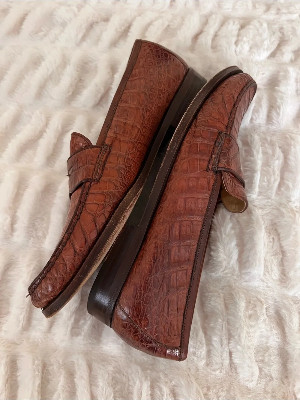 Cole Haan Vintage Genuine Caramel Brown Crocodile Leather Penny Loafers Size 8.5
